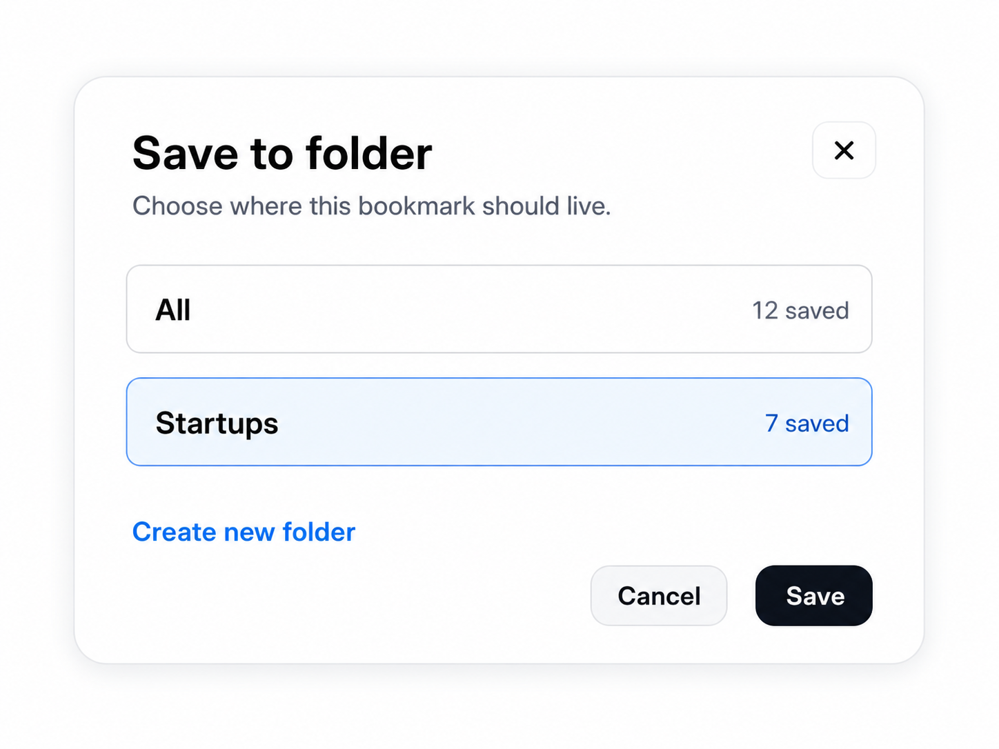 Save to folder modal with Startups selected